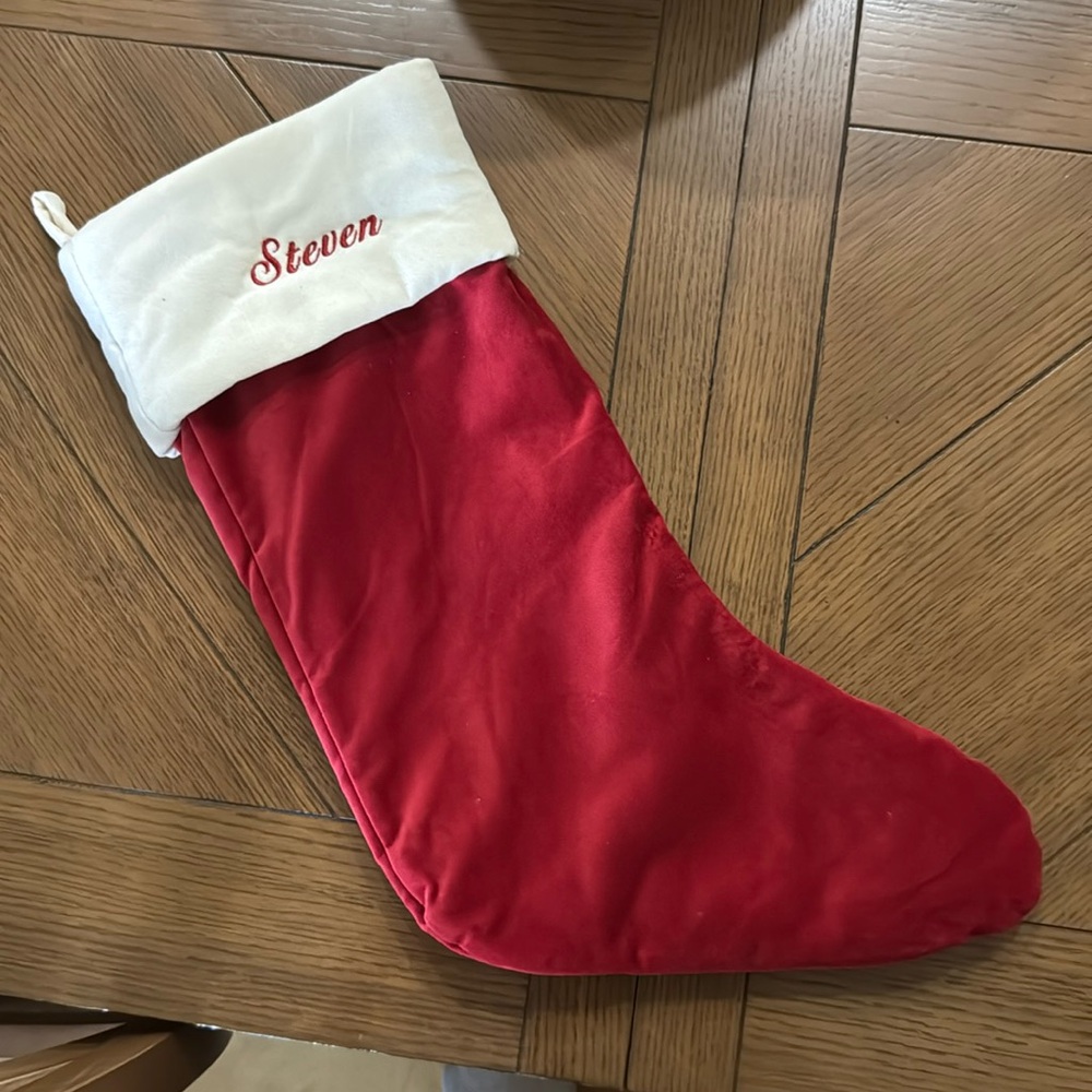 Pottery barn, Christmas stocking embroidered name “Steven” great condition